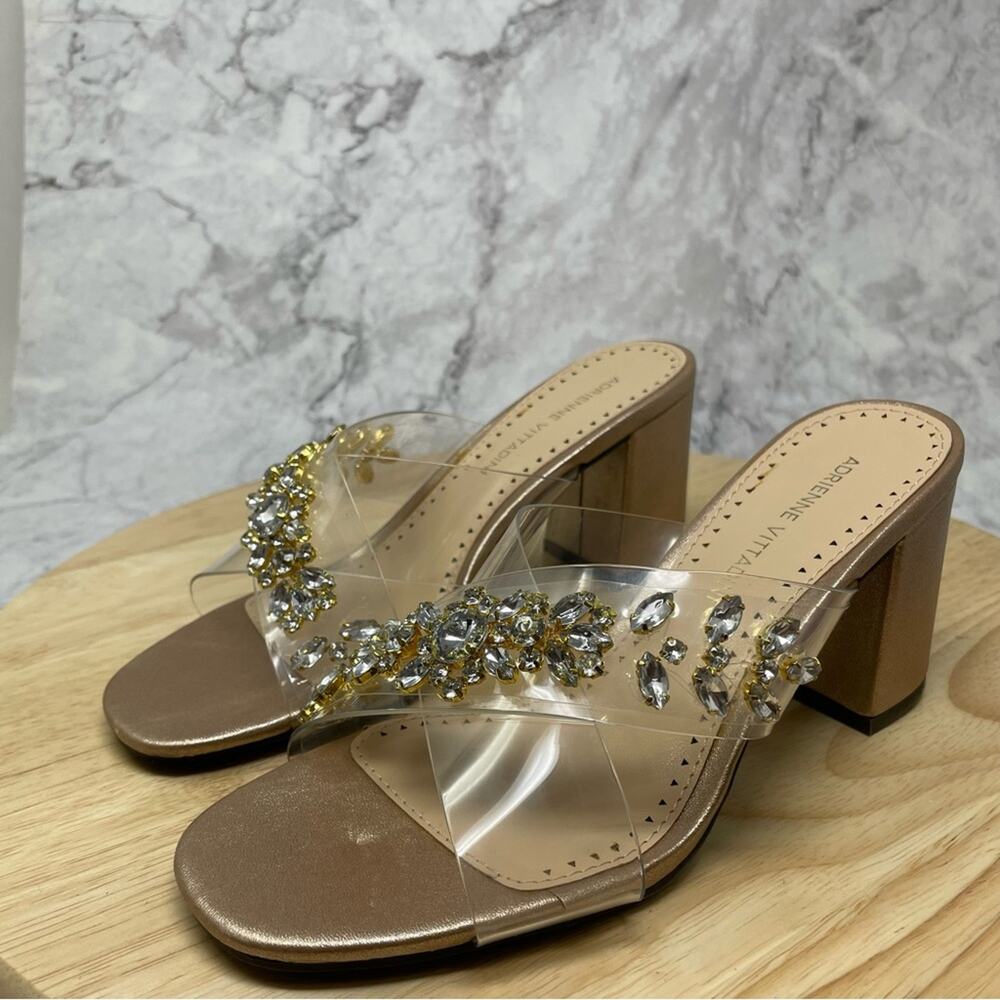 Adrienne Vittadini Gold Embellished Jeweled Block‎ Heel Sandals 6 New